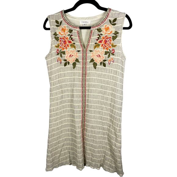 THML, Size Small, Off-White Embroidered Sleeveless Dress, Pink, Boho, Textured - Picture 1 of 7